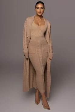 JLUXLABEL Tan Missy Cable Sweater Midi Skirt