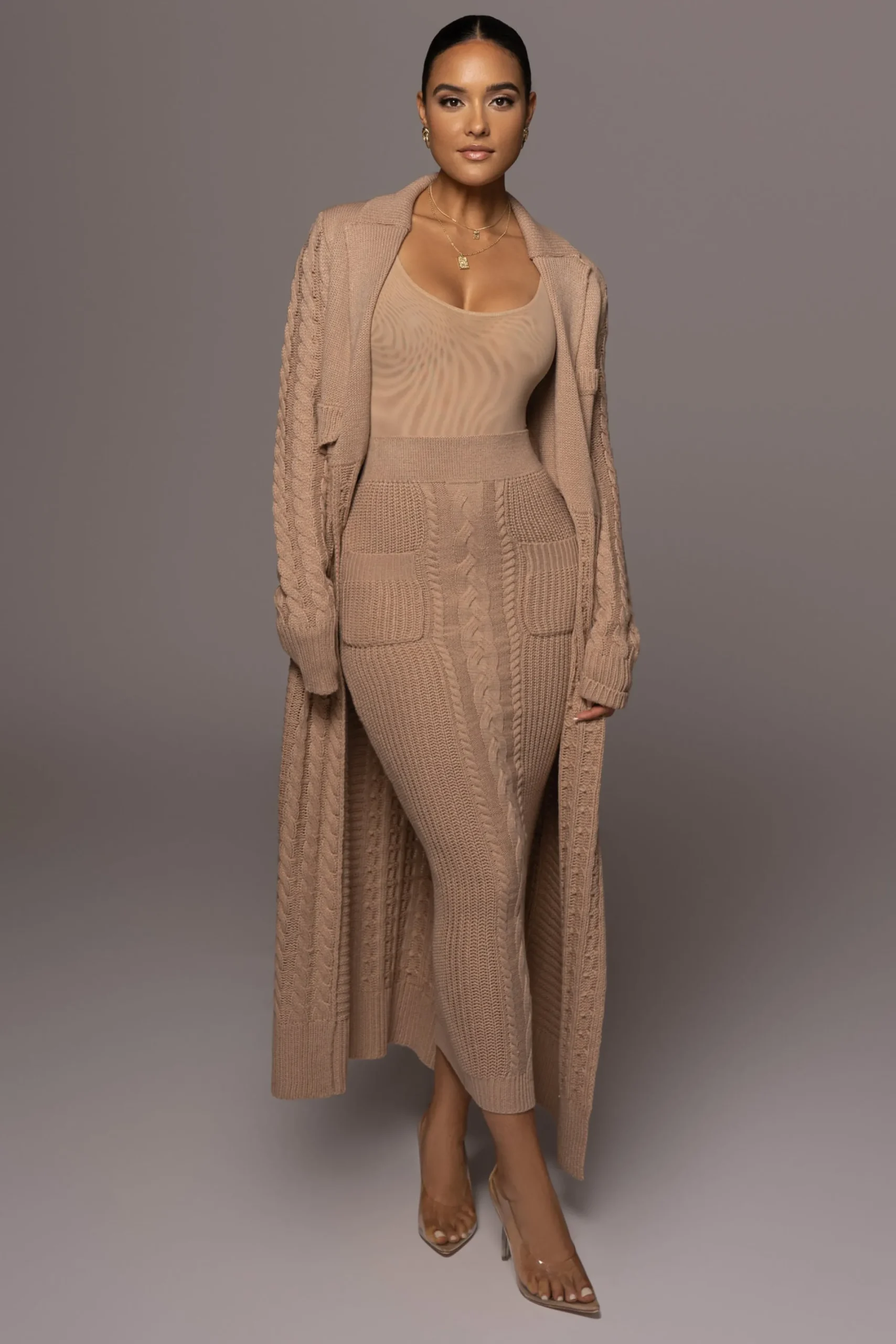 JLUXLABEL Tan Missy Cable Sweater Midi Skirt