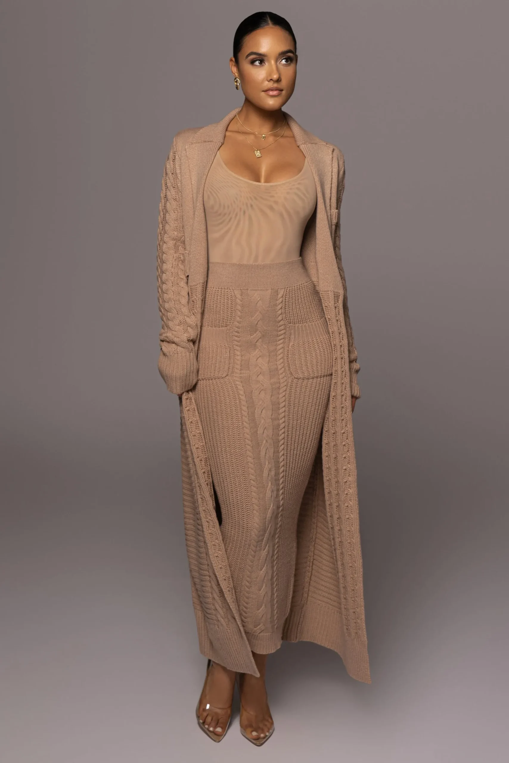 JLUXLABEL Tan Missy Cable Sweater Midi Skirt