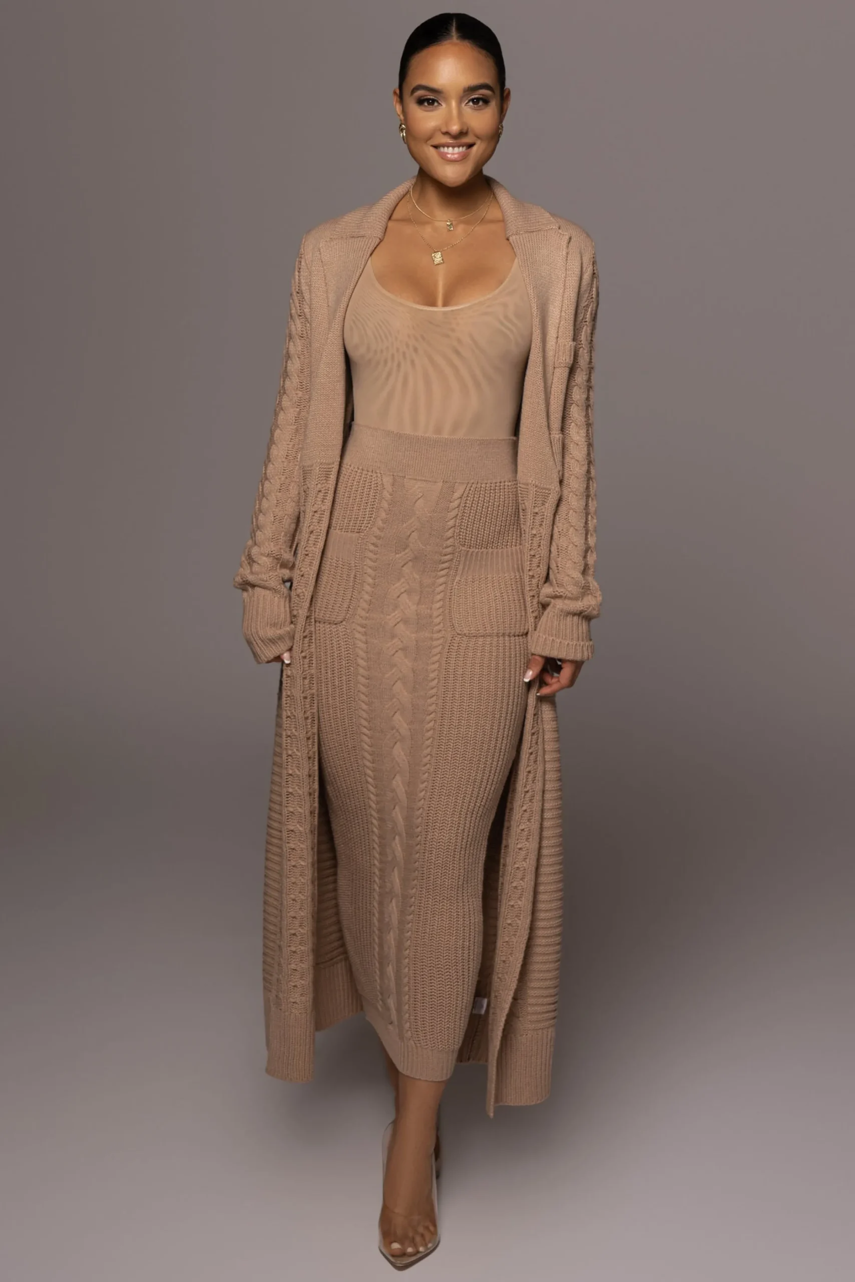 JLUXLABEL Tan Missy Cable Sweater Midi Skirt