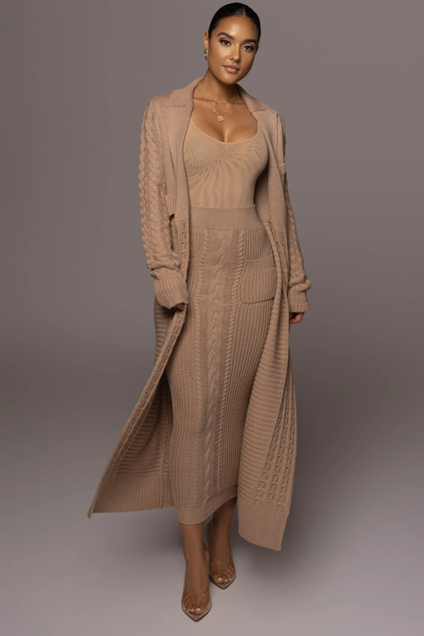 JLUXLABEL Tan Missy Cable Sweater Midi Skirt