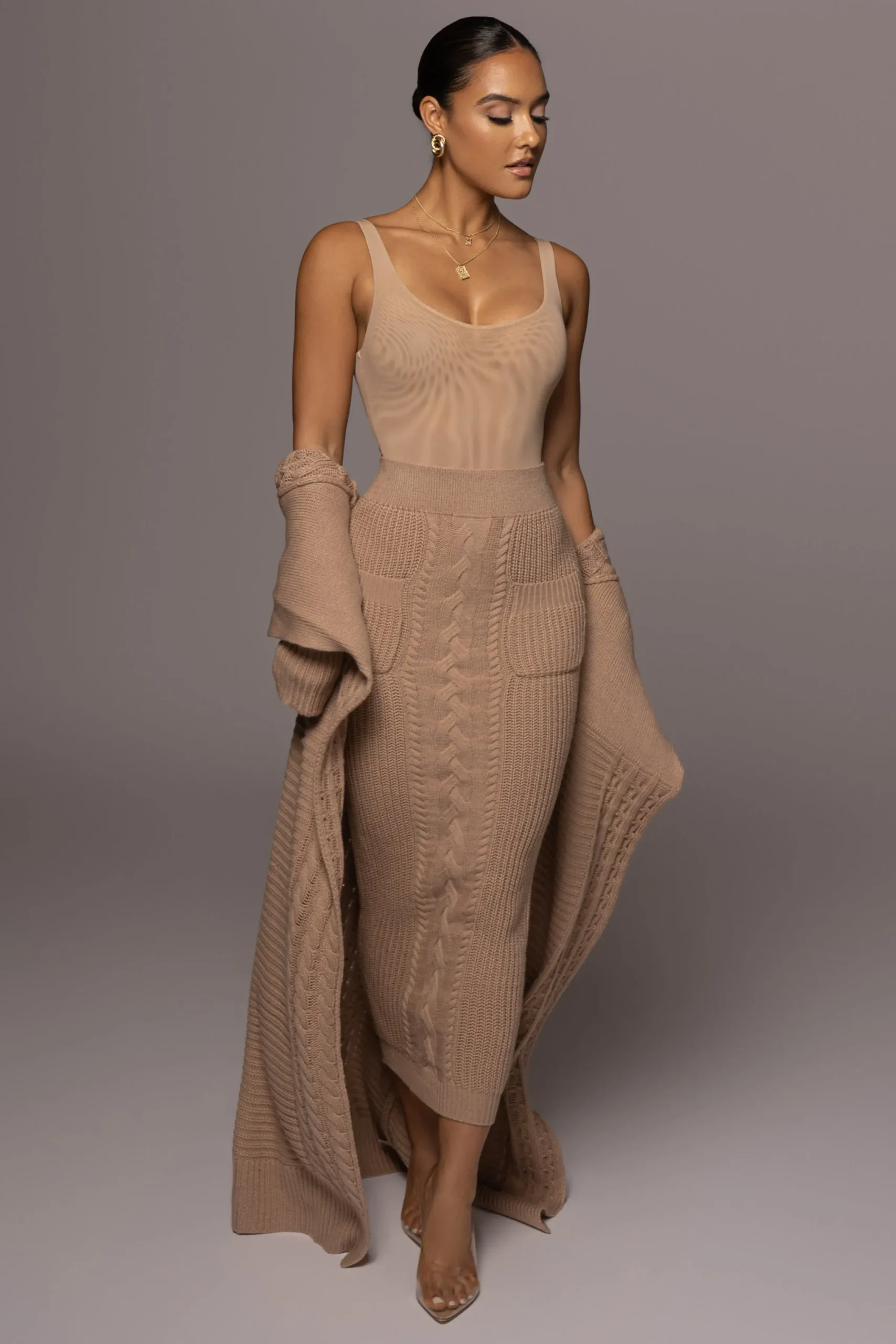 JLUXLABEL Tan Missy Cable Sweater Midi Skirt