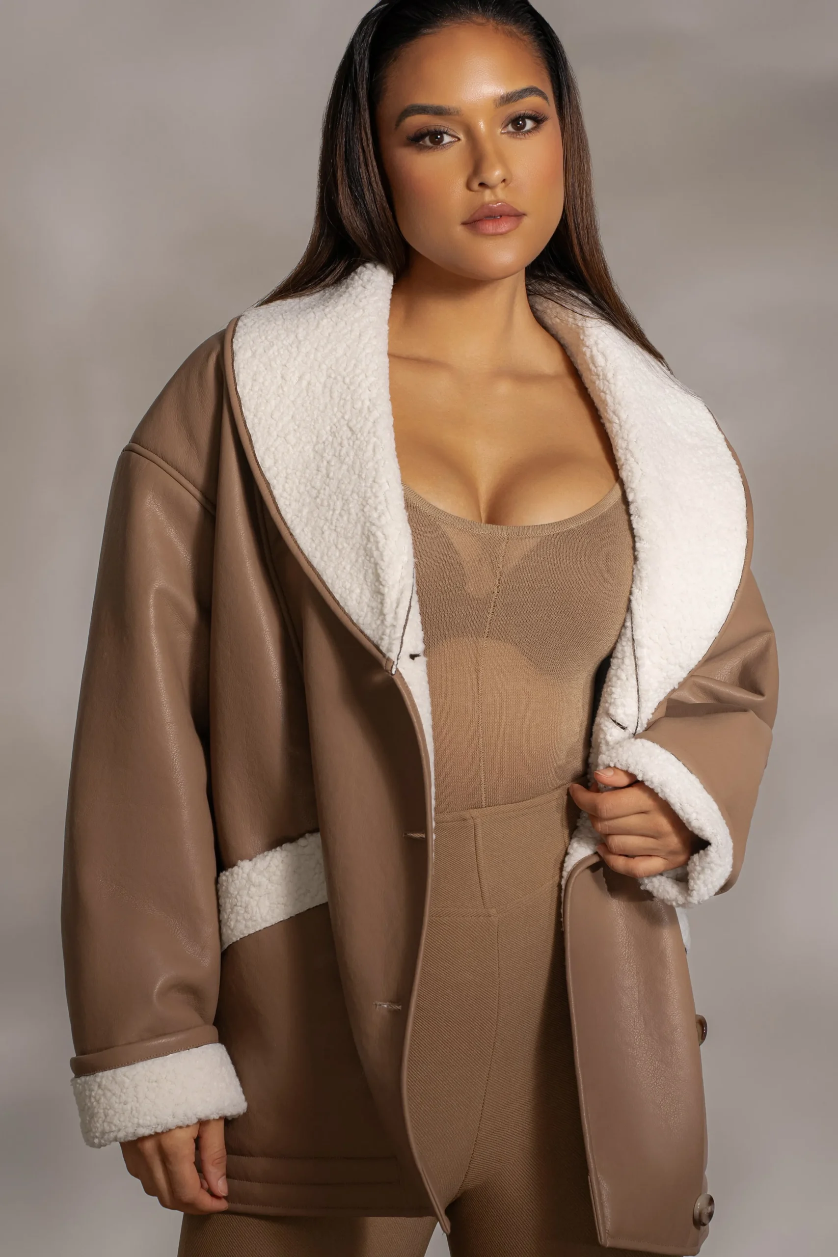 JLUXLABEL Tan Presley Faux Leather Coat