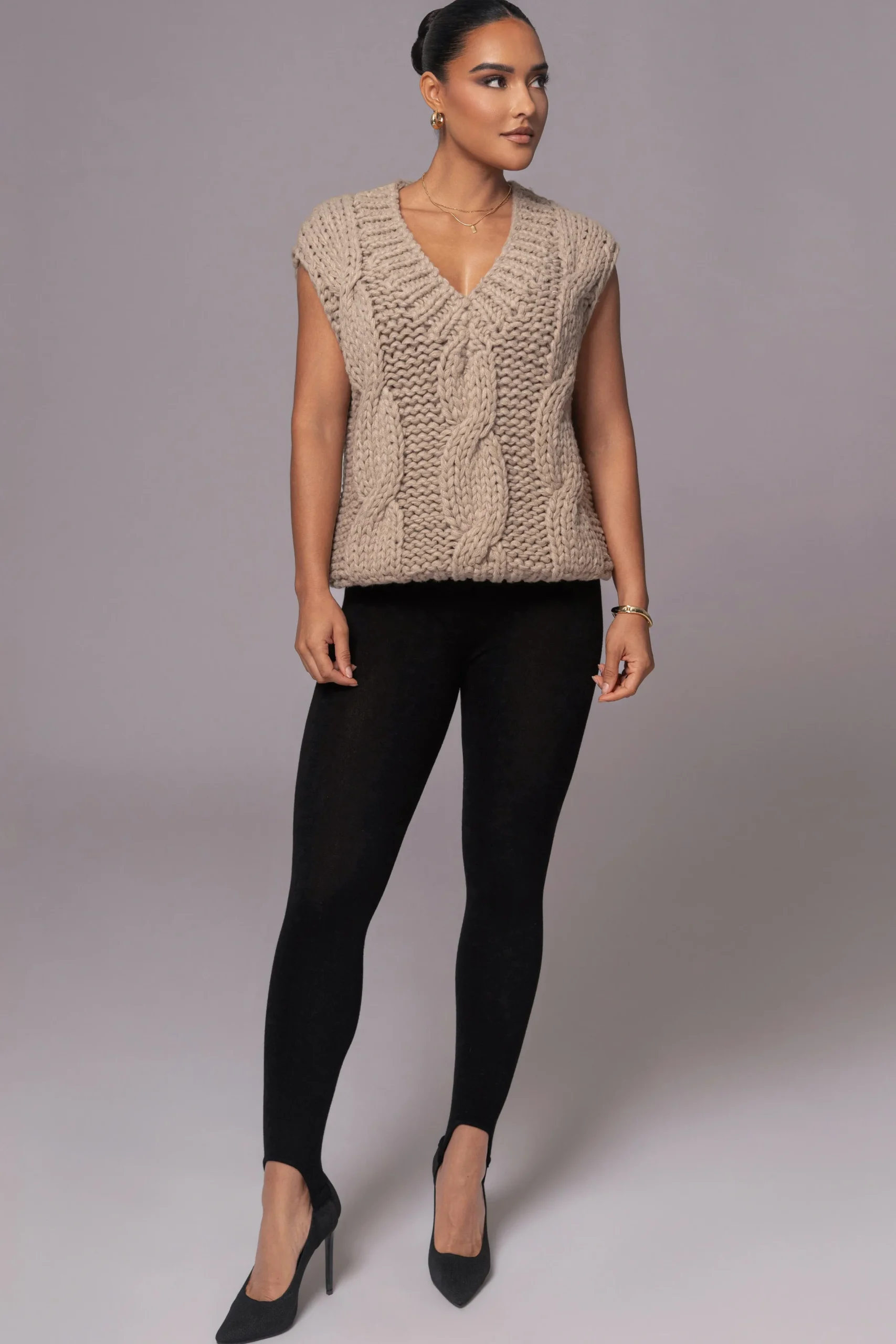 JLUXLABEL Taupe Mari Cable Knit Vest