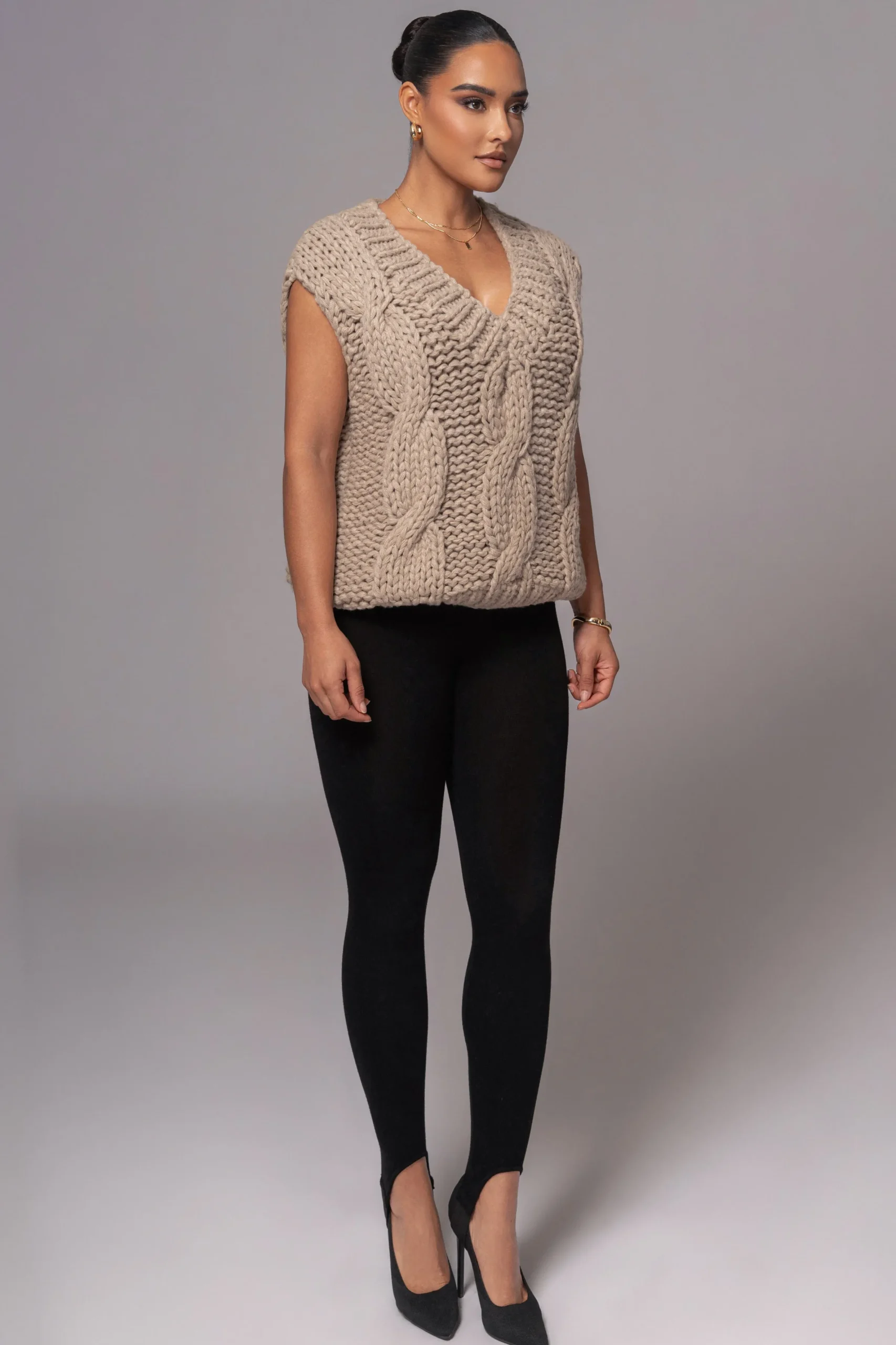 JLUXLABEL Taupe Mari Cable Knit Vest
