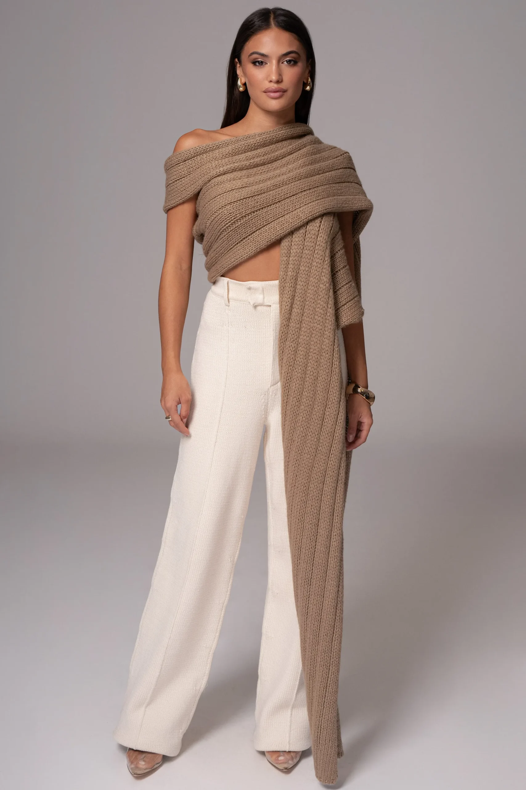 JLUXLABEL Taupe Soft Life Cable Knit Sweater Top