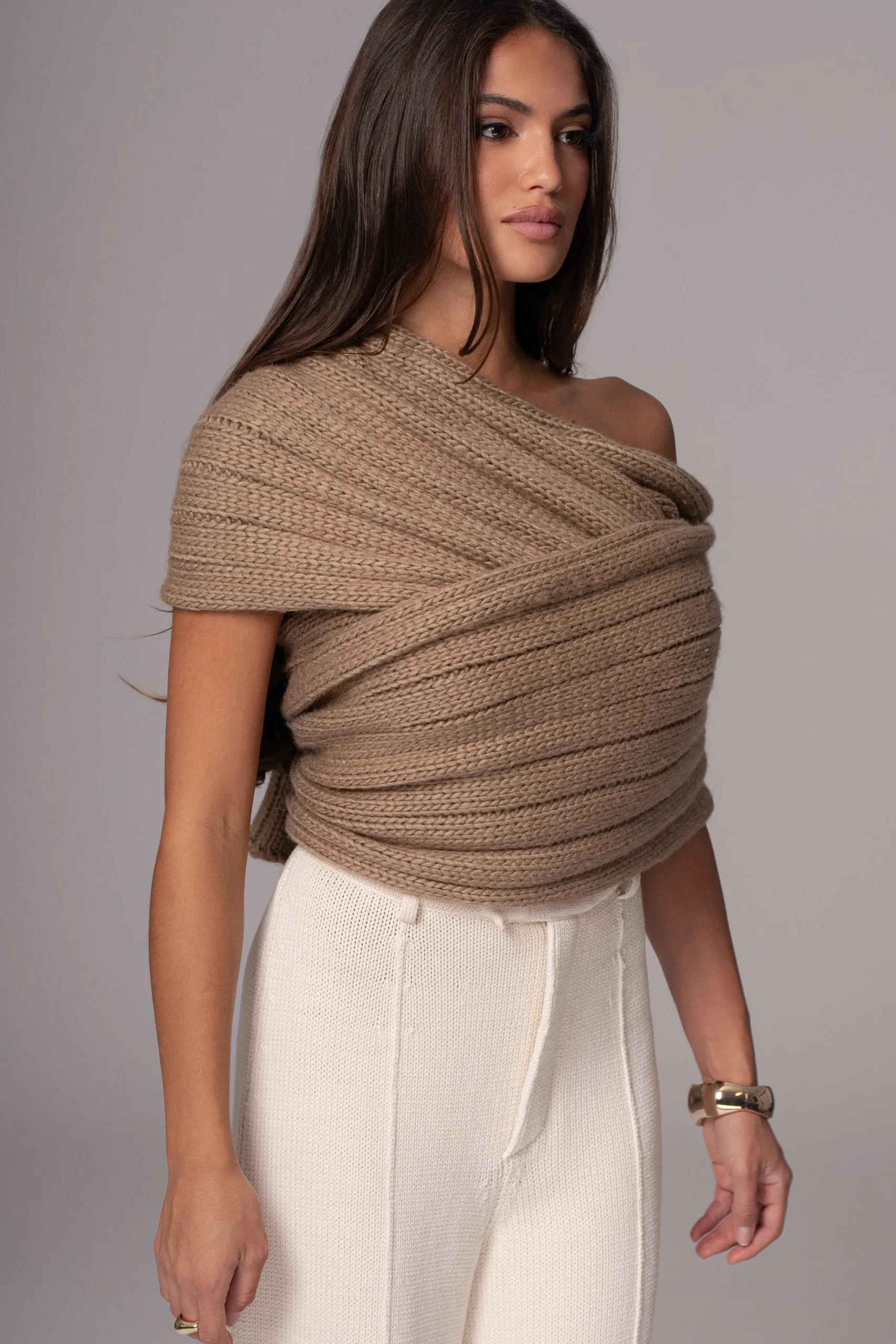 JLUXLABEL Taupe Soft Life Cable Knit Sweater Top