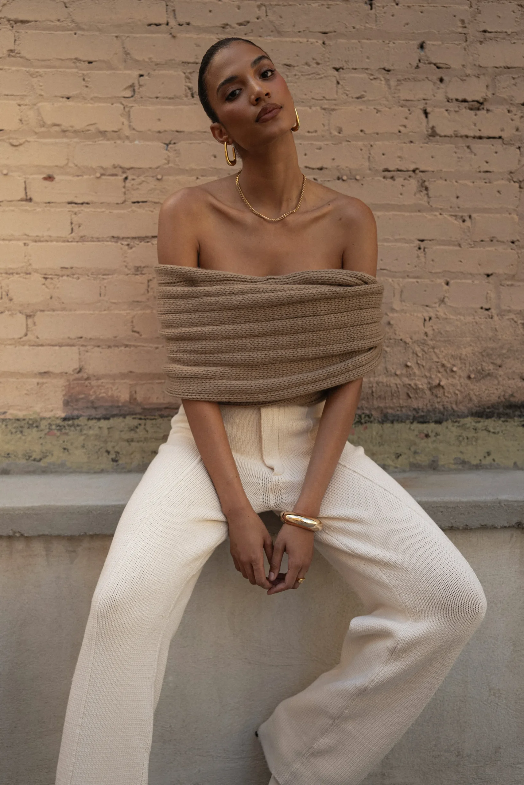 JLUXLABEL Taupe Soft Life Cable Knit Sweater Top