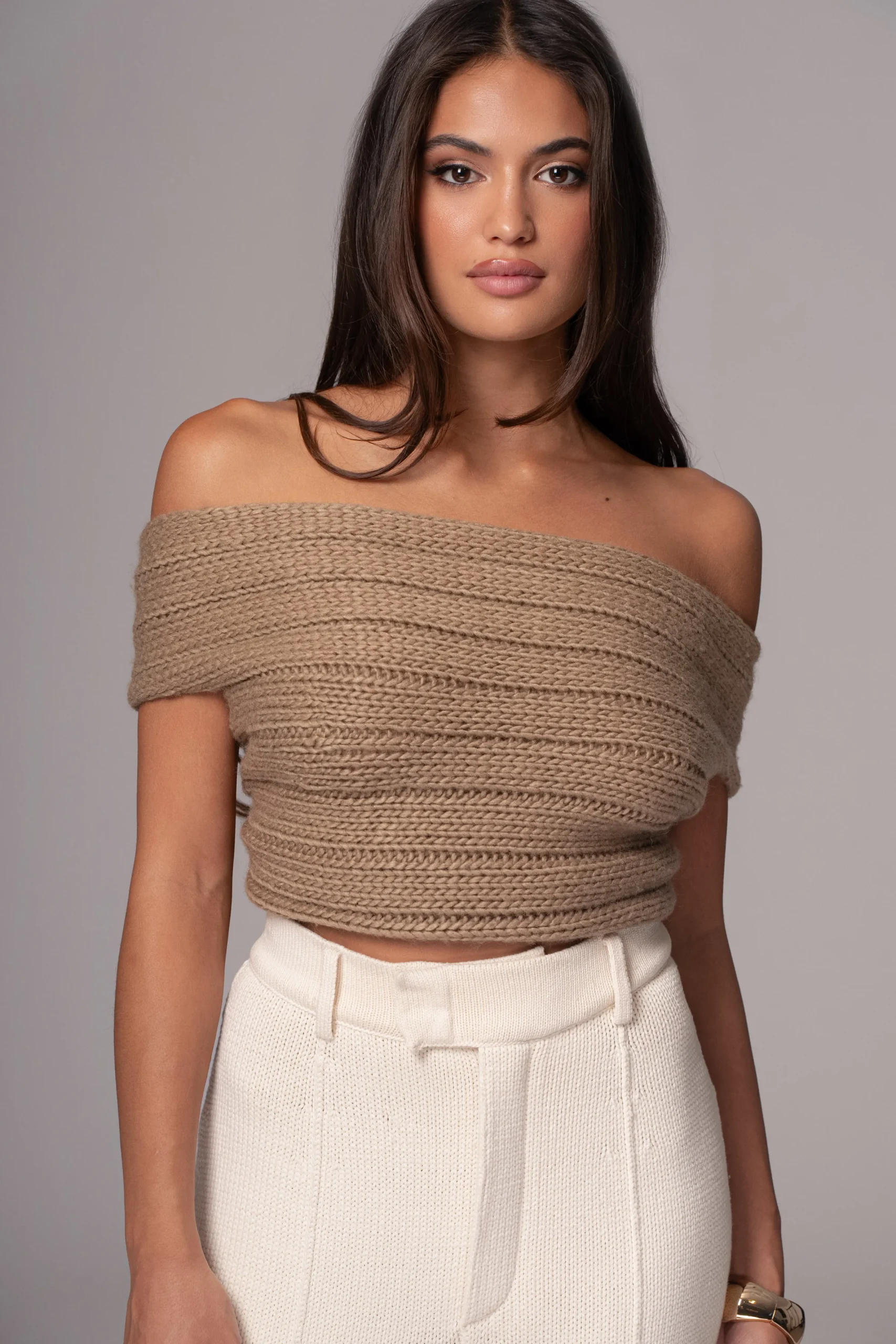 JLUXLABEL Taupe Soft Life Cable Knit Sweater Top