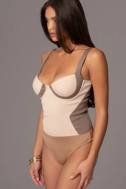 JLUXLABEL Taupe/Tan Throwback Colorblock Bodysuit