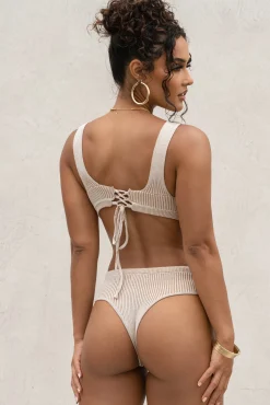 JLUXLABEL Taupe/White Deana Ribbed Bodysuit