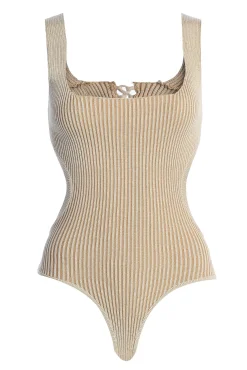 JLUXLABEL Taupe/White Deana Ribbed Bodysuit