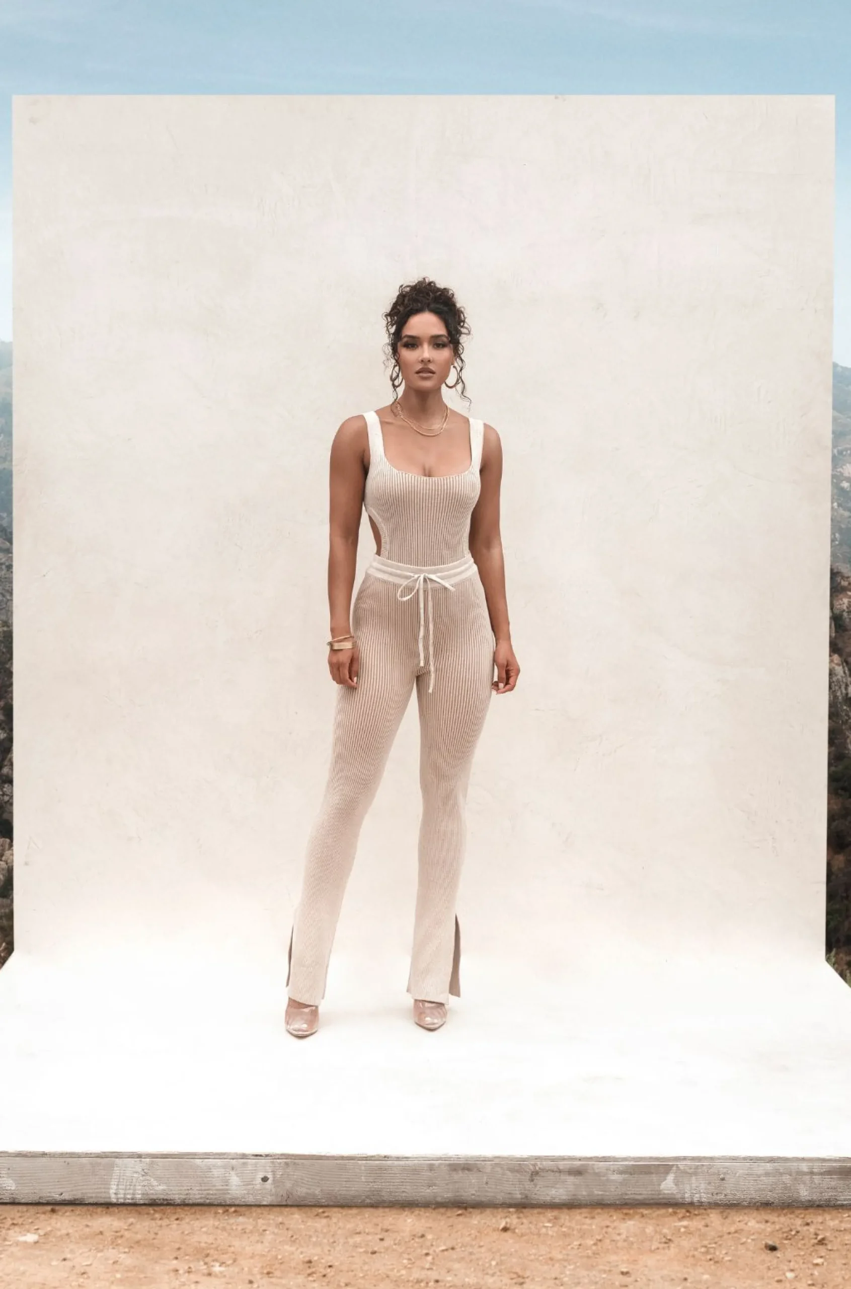 JLUXLABEL Taupe/White Faya Ribbed Pants