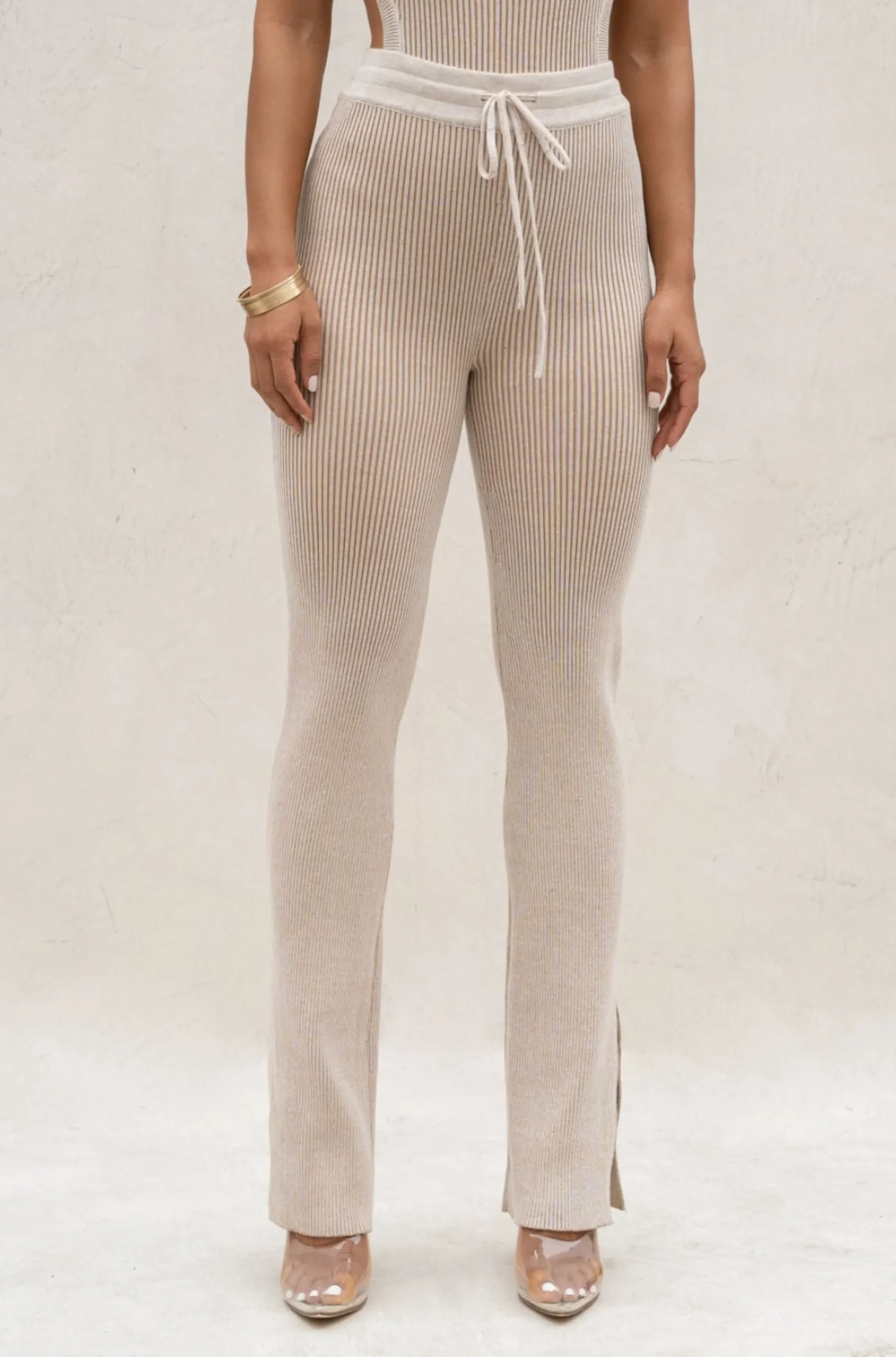 JLUXLABEL Taupe/White Faya Ribbed Pants