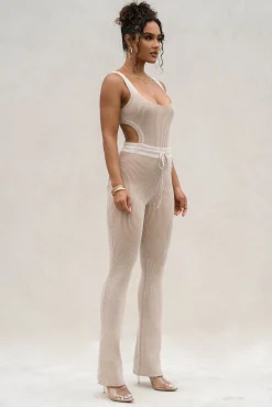 JLUXLABEL Taupe/White Faya Ribbed Pants