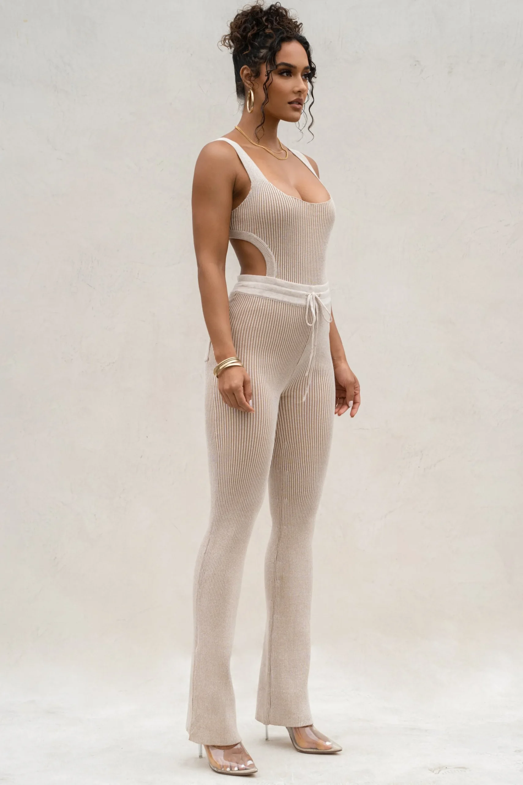 JLUXLABEL Taupe/White Faya Ribbed Pants