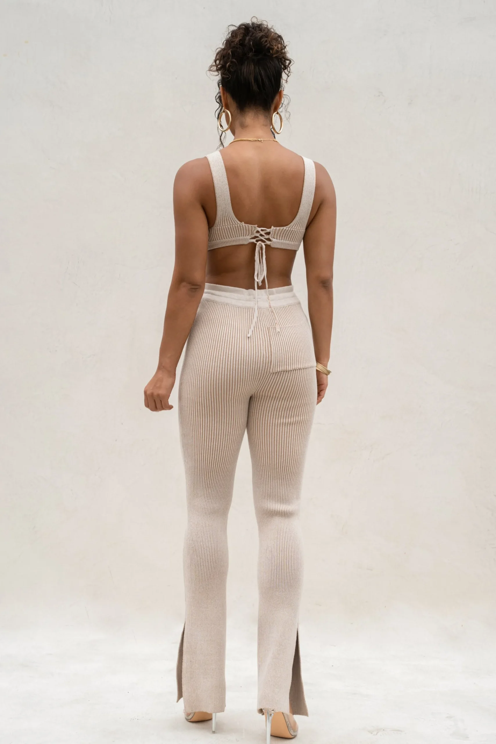JLUXLABEL Taupe/White Faya Ribbed Pants
