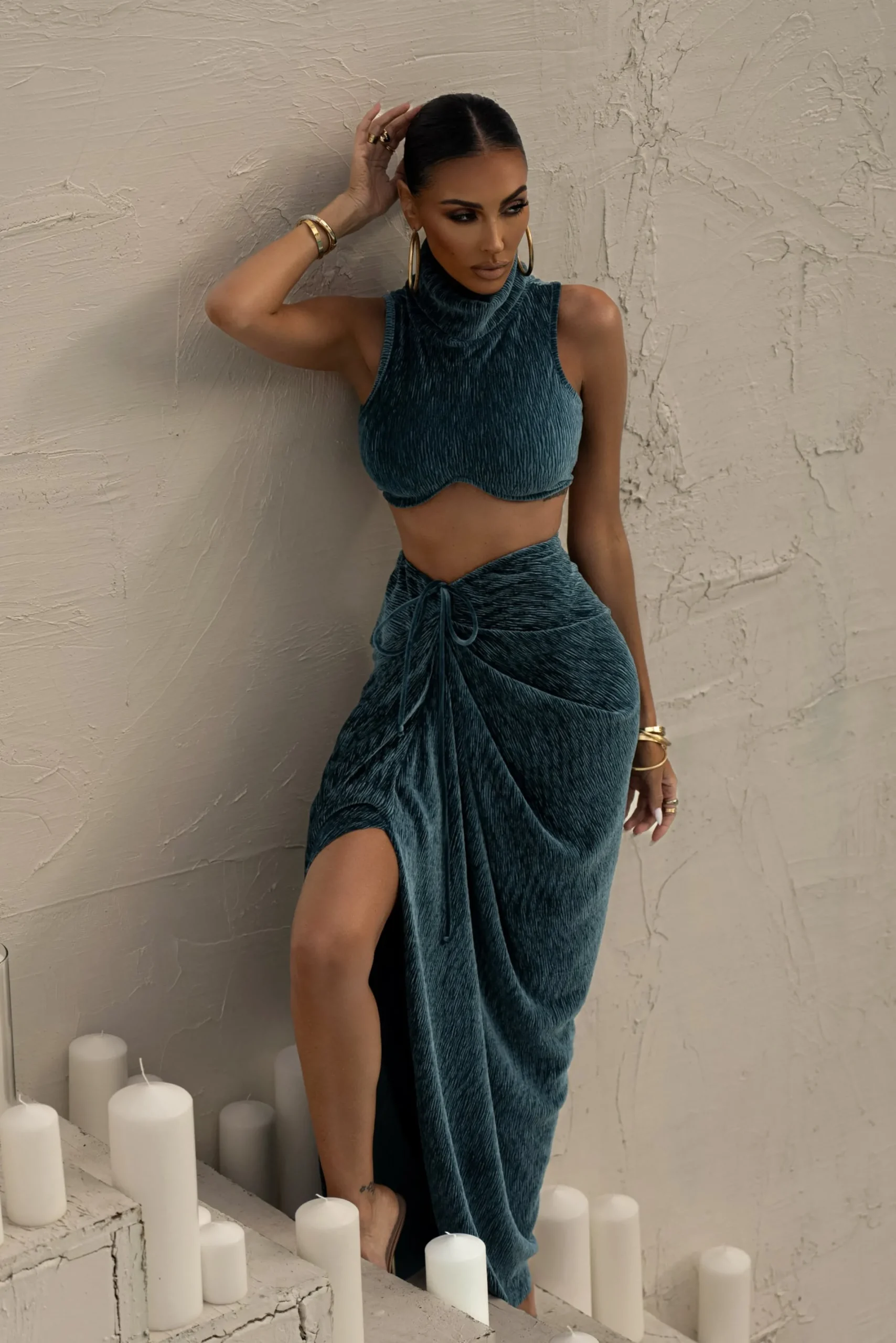 JLUXLABEL Teal Chosen One Velvet Skirt Set