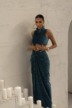 JLUXLABEL Teal Chosen One Velvet Skirt Set