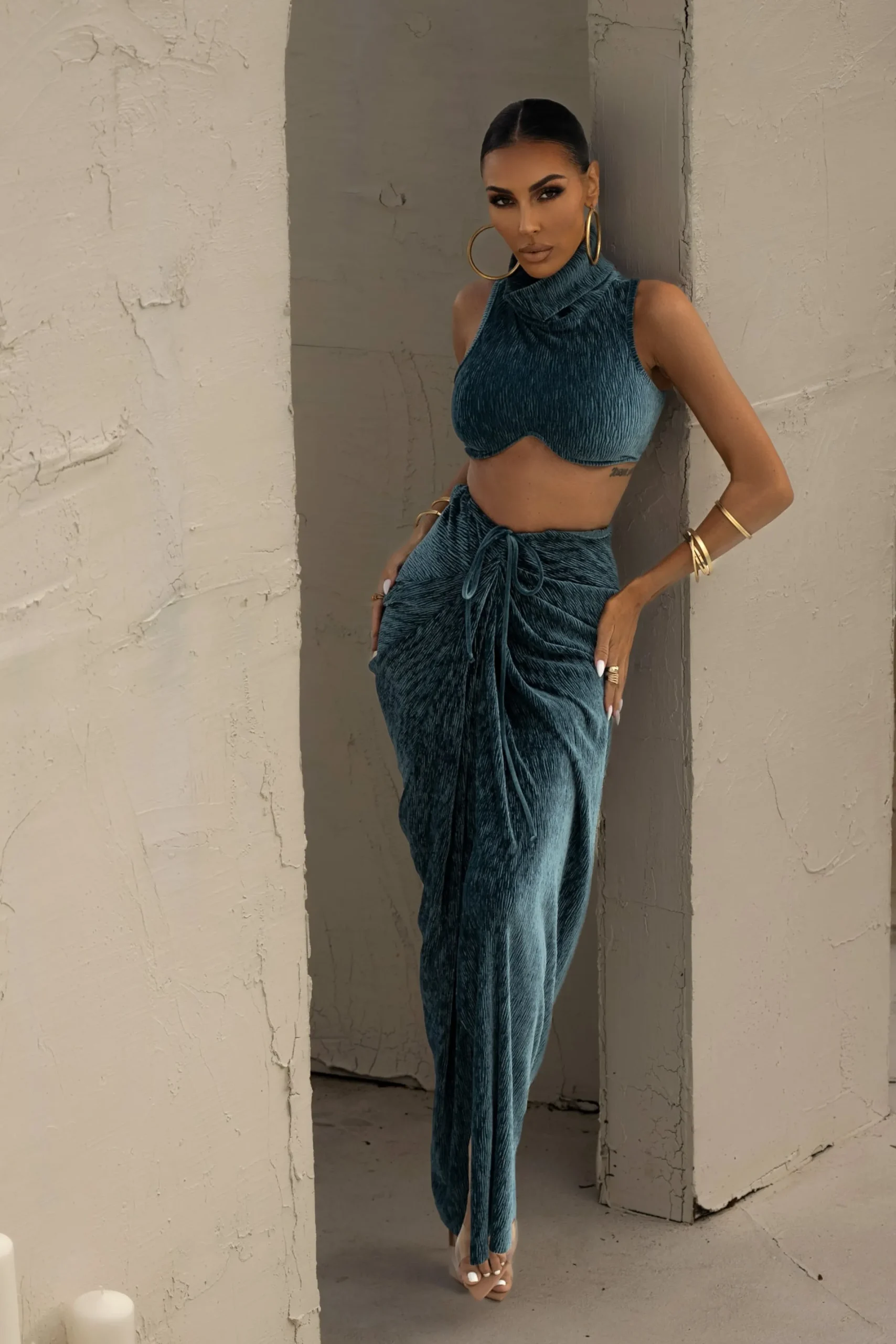 JLUXLABEL Teal Chosen One Velvet Skirt Set