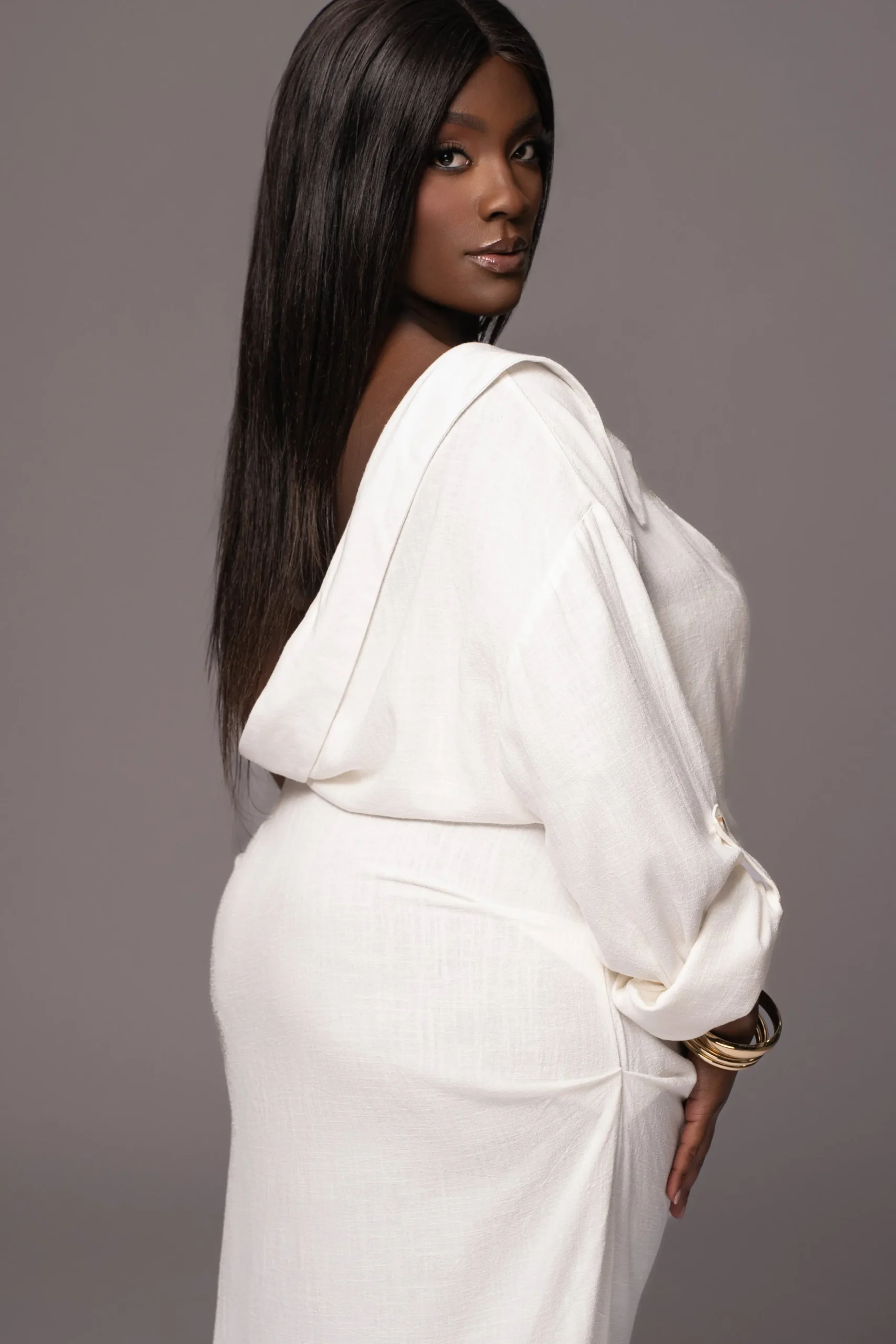 JLUXLABEL White Evita Linen Draped Dress