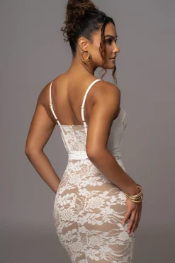 JLUXLABEL White Mesh and Lace Bustier Midi Dress