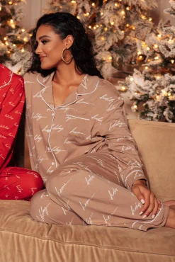 JLUXLABEL White/Tan Home For The Holiday Adult Pajama Set