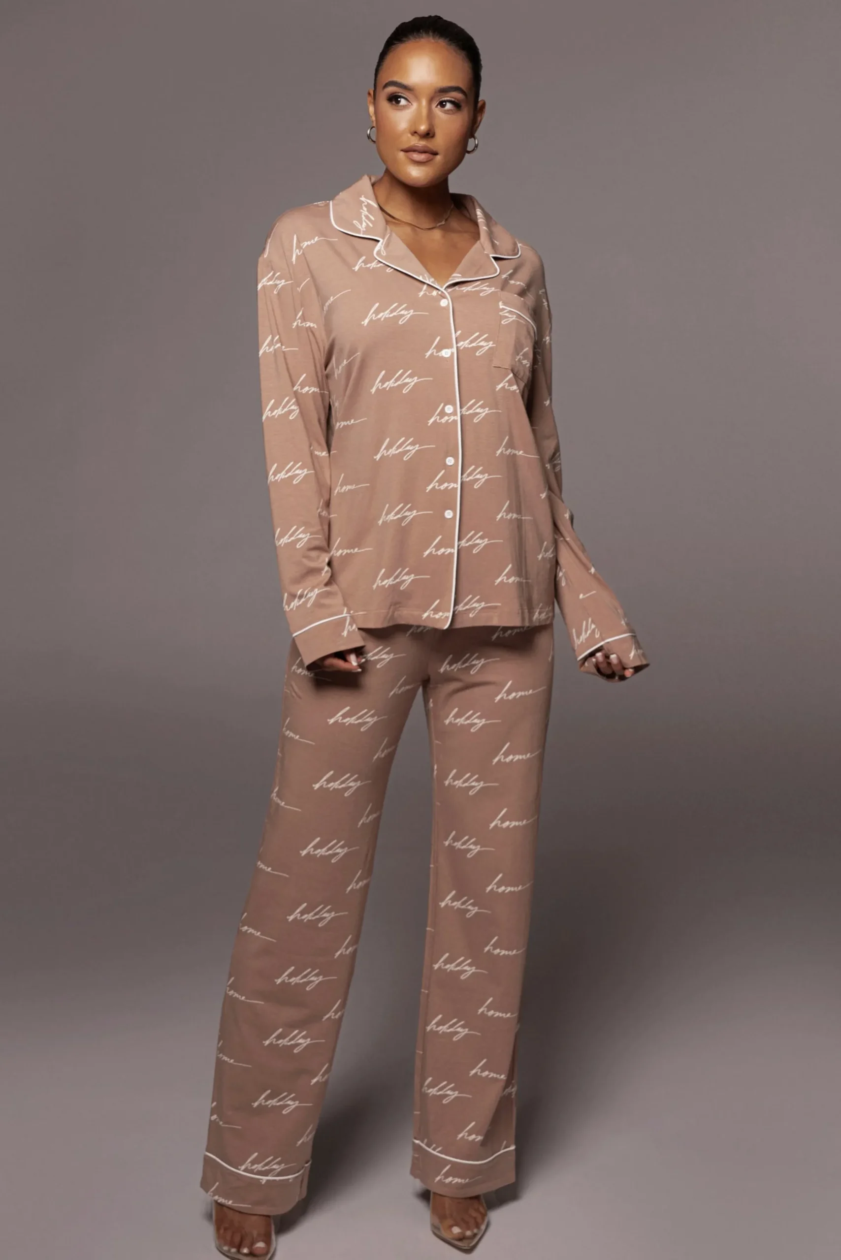 JLUXLABEL White/Tan Home For The Holiday Adult Pajama Set