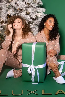 JLUXLABEL White/Tan Home For The Holiday Adult Pajama Set