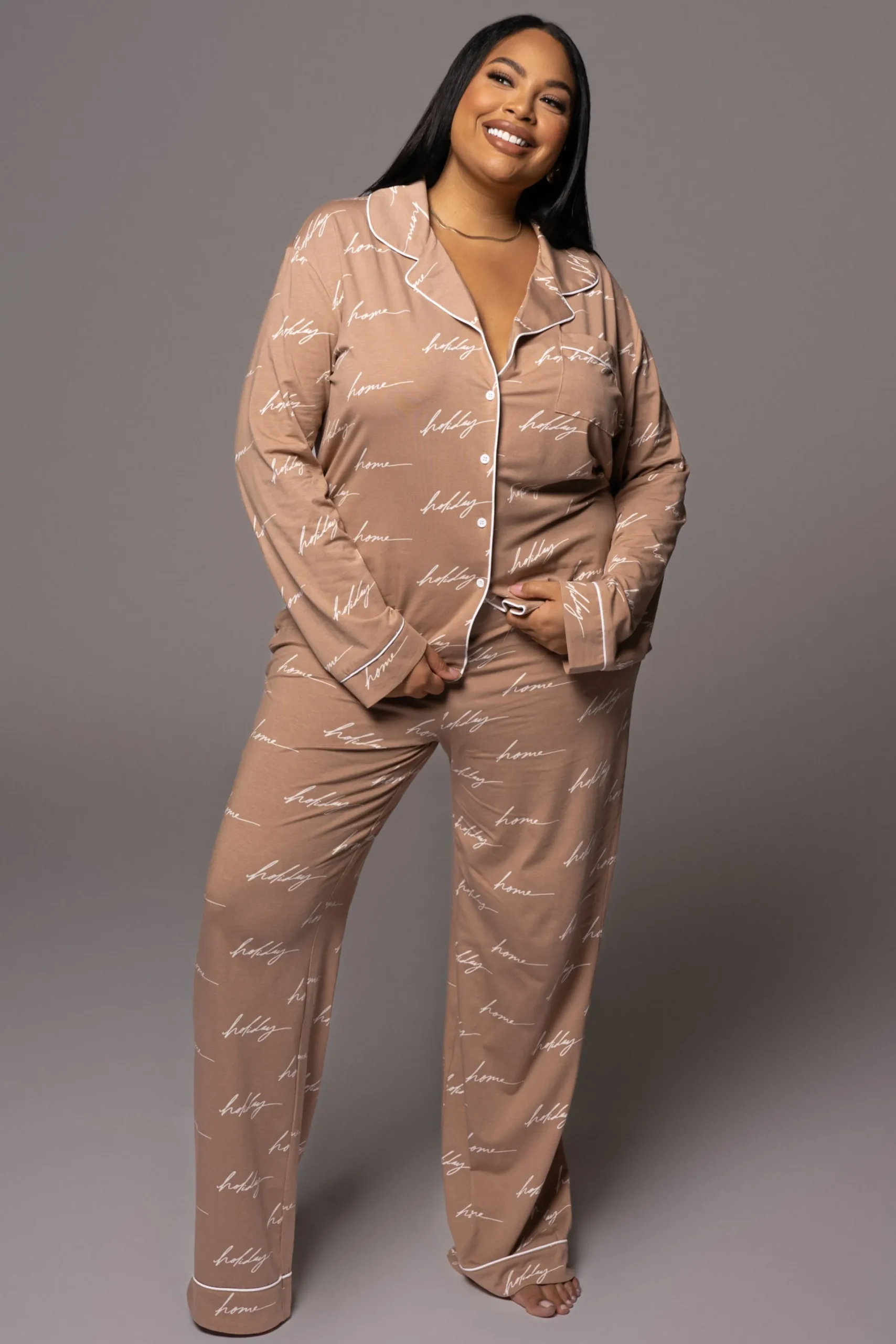JLUXLABEL White/Tan Home For The Holiday Adult Pajama Set