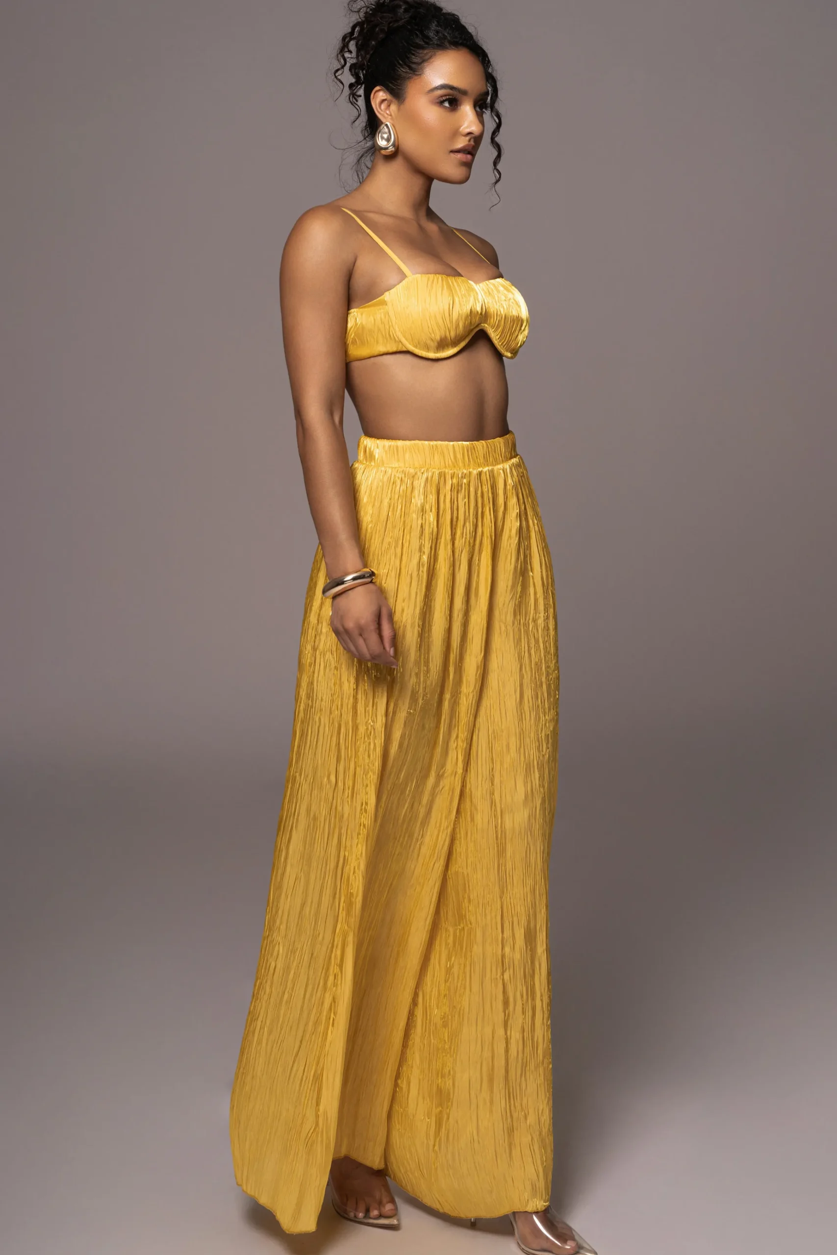 JLUXLABEL Yellow Lets Get Away Satin Pant Set