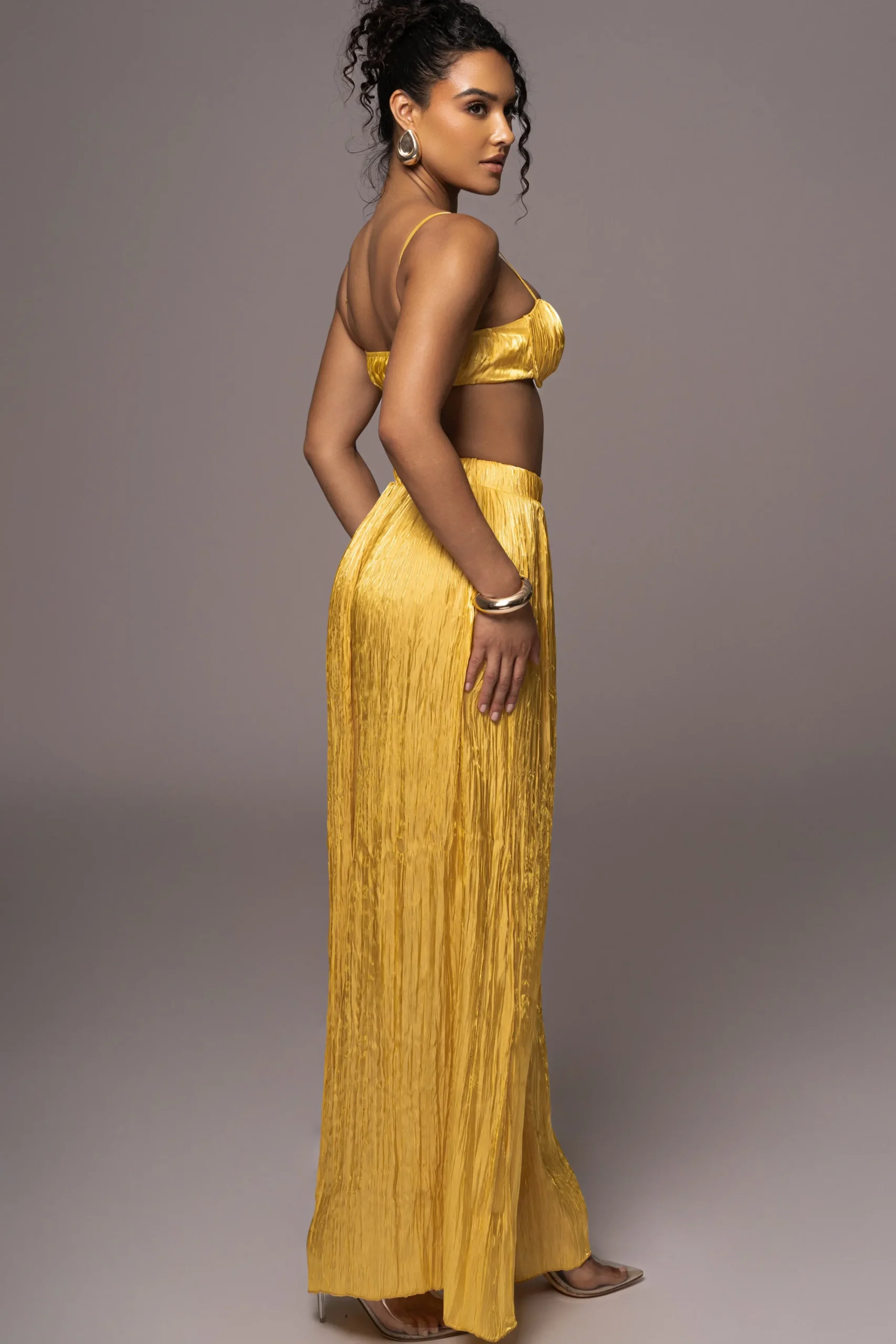 JLUXLABEL Yellow Lets Get Away Satin Pant Set