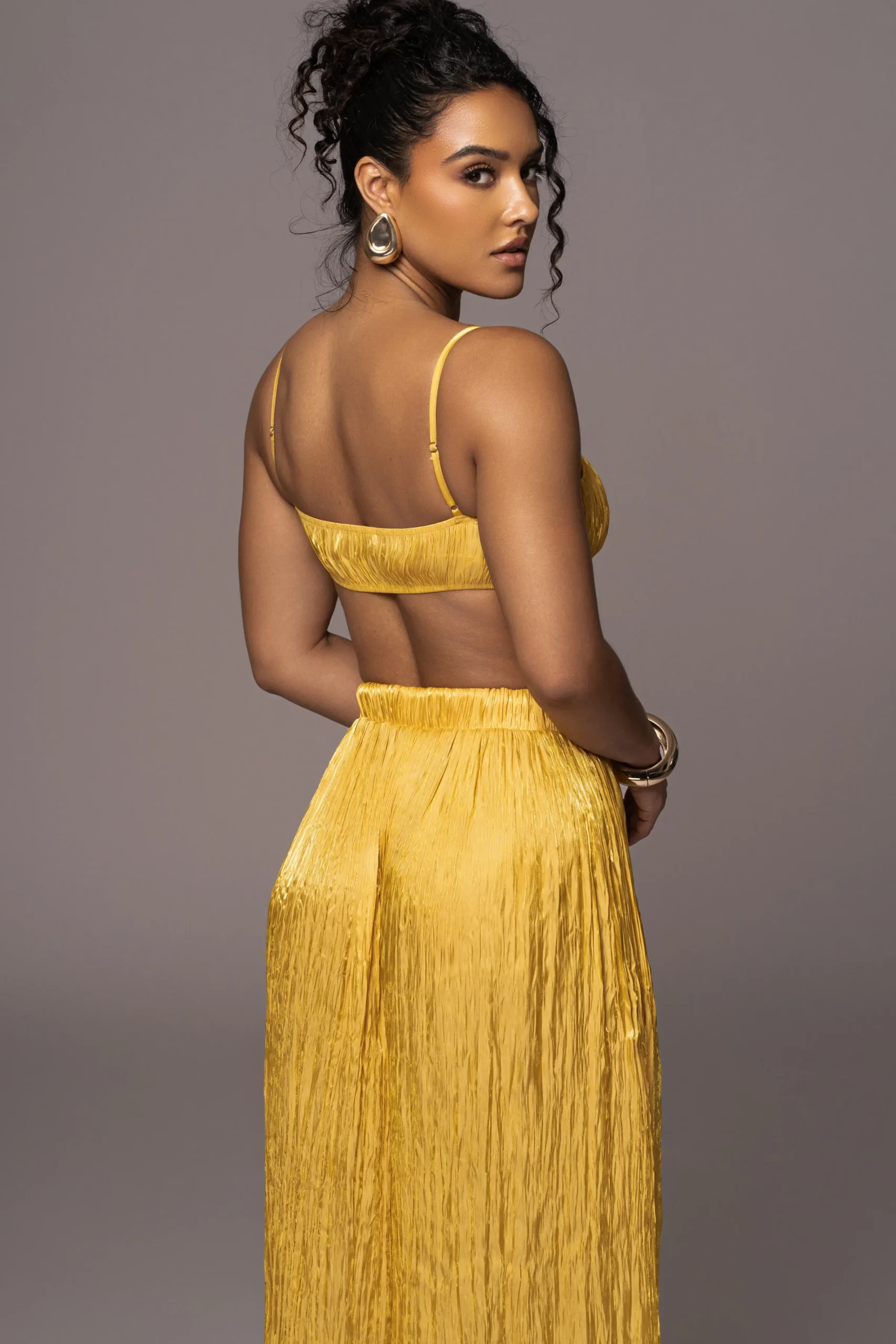 JLUXLABEL Yellow Lets Get Away Satin Pant Set