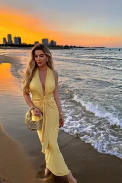 JLUXLABEL Yellow Under The Moonlight Drape Dress